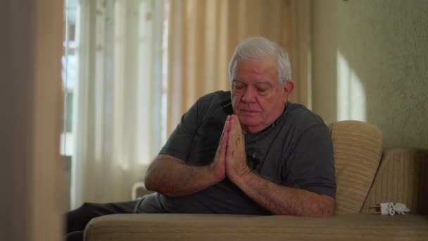 Devoted Elderly Man Praying Home Senior Male Caucasian Engaged Solemn — Stock Video