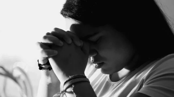 Dramatic Devotion Young Woman Praying God Monochrome Black White Spiritual — Stock Photo, Image