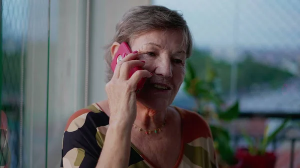 2017 Happy Senior Woman Phone Apartment Balcony Elderly Female Enengaging — 스톡 사진