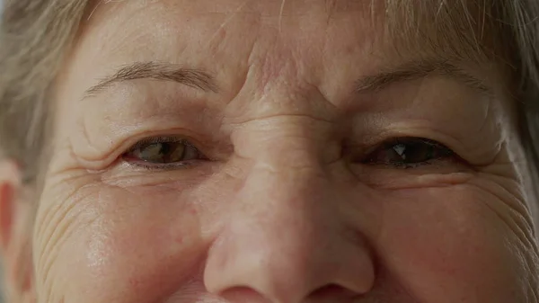 Makro Nahaufnahme Der Augen Einer Gelassenen Seniorin Die Direkt Die — Stockfoto