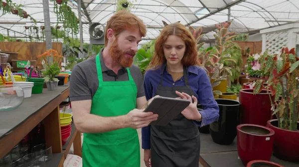 Enthusiastic Redhead Couple Engaged in Plant Shopping at Local Flower Store. People walking through plant shop