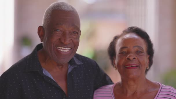 Loving Outdoor Portrait Senior Couple Standing Brazilian Husband Arm Elderly — Stok Video