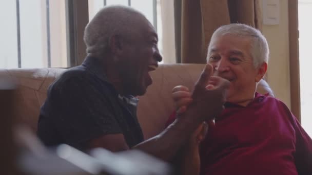 两个快乐的老朋友坦诚地互动 笑着一起笑着 年龄较大的种族伙伴之间真正的真实生活关系 — 图库视频影像