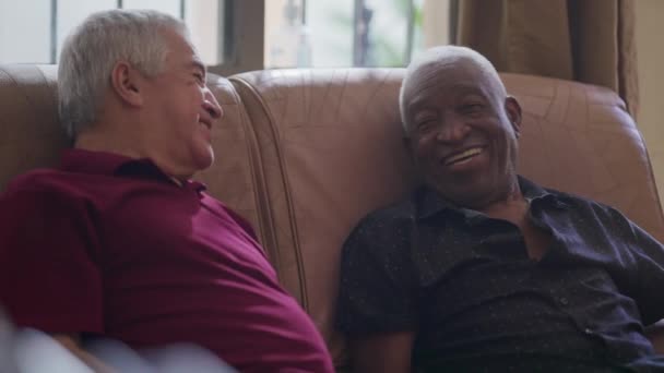 Boldog Idős Fajok Közötti Barátok Beszélgetnek Kanapén Ülve Őszinte Két — Stock videók