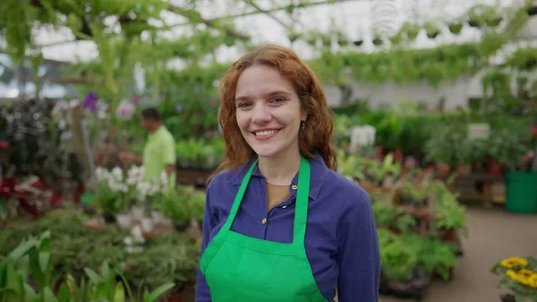 Portrait Joyful Young Female Florist Green Apron Flower Shop — Stock Photo, Image