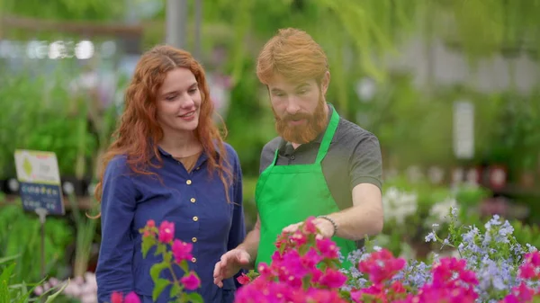 顧客が工場内の花を選ぶのを助ける男性従業員 緑のエプロンをした女性の隣に立つ白人花屋のスタッフ — ストック写真