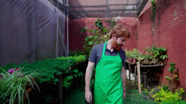 Empreendedor Horticultura Homem Alegre Vestindo Avental Verde Andando Pelo Jardim — Fotografia de Stock