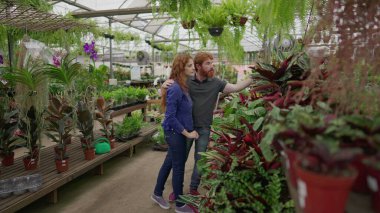 Genç Çift 'in Çiçekçide Ev Dekorasyonu için Hafta sonu alışverişi. Yeni Konut için İki Bireysel Tesis Seçme