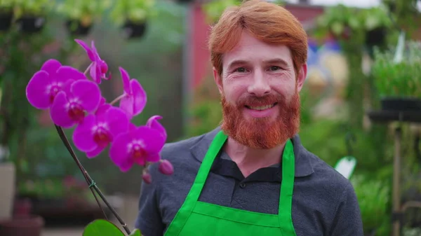 Radostný Mužský Zaměstnanec Zahradnictví Drží Flower Stojící Místním Obchodě Portrét — Stock fotografie