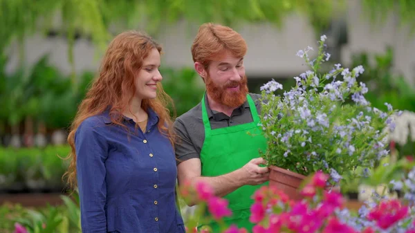 Duas Pessoas Felizes Dentro Horticultura Jardinagem Store Funcionário Sexo Masculino — Fotografia de Stock
