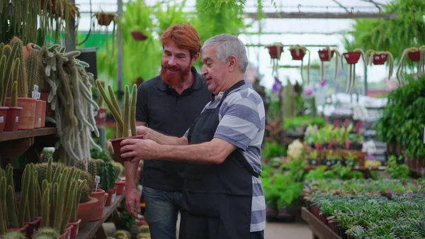 stock image Older business store owner helping young client to buy plant at local Flower Shop. Senior man wearing apron assisting man with product purchase