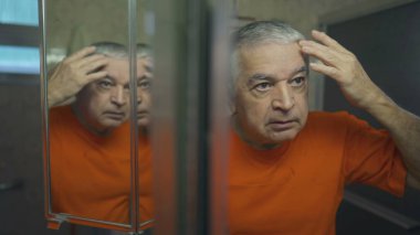 Yüzü ve Cildi Teftiş Eden Yaşlı Adam, Sabah Bakımı Ayini Banyo Aynası Yansıması