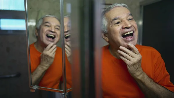 Happy Senior Man Looking Himself Mirror Reflection Joyful Emotion Elderly — Stock Photo, Image