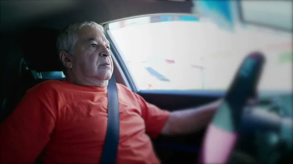 Older Man Putting Seatbelt While Driving Senior Driver Fastening Security — Stock Photo, Image