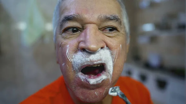 Older Man Shaving Beard Front Bathroom Mirror Old Age Domestic — Stock Photo, Image