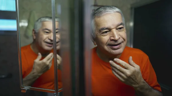 Happy Senior Man Looking Himself Mirror Reflection Joyful Emotion Elderly — Stock Photo, Image