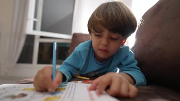 Dětská Kresba Papír Barevnou Tužkou Jeden Malý Chlapec Zaměřený Tvůrčí — Stock video
