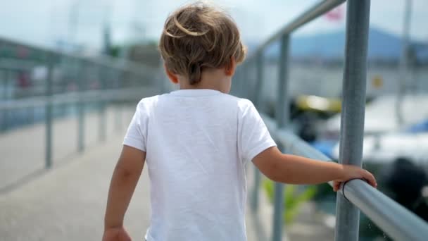 在阳光明媚的夏日 孩子们在外面的桥上散步 一个小男孩拿着金属扶手度假 — 图库视频影像