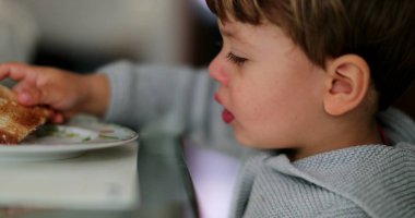 Çocuk masadan kalkıp tabağa tost koyuyor.