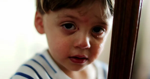 stock image Portrait of sad tearful child face looking at camera