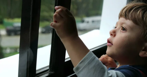 Baby Child Tries Open Window Kid Trying Slide Window — Stock Photo, Image