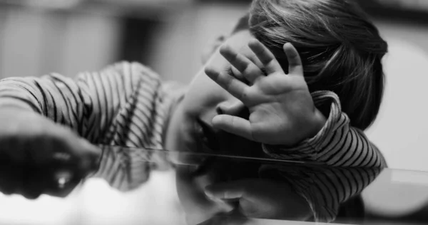 Sad Depressed Child Leaning Table Covering Face Hand Monochrome — Stock Photo, Image