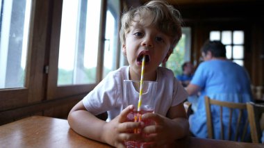 Restoranda samanla içki içen bir çocuk yemek sırasında meyve suyu içer.