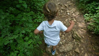 Çocuk doğada yeşil yolda koşuyor. Ormanda yürüyüş yapan küçük, sportif çocuğun yukarıdan bakışı.