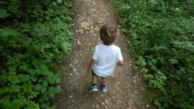 Çocuk doğada yeşil yolda koşuyor. Ormanda yürüyüş yapan küçük, sportif çocuğun yukarıdan bakışı.