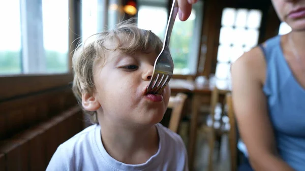 Mother Feeding Food Little Boy Parent Feeds Child Restaurant — Stock Photo, Image