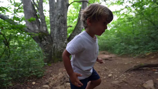 Kind Wandert Draußen Auf Grünem Pfad Kind Wandert Draußen Wald — Stockfoto