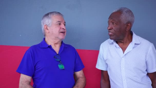 Dos Ancianos Brasileños Diversos Pie Calle Conversando Intercambiando Historias Mientras — Vídeos de Stock