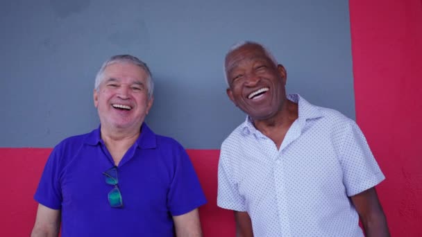 Starość Przyjaźń Dwóch Różnych Seniorów Stojących Ulicy Uśmiechniętych Śmiejących Się — Wideo stockowe