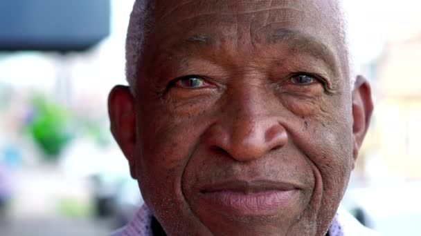 一位非洲裔美国老人的近视脸 用中性的表情看着相机 一名巴西老年黑人男子 — 图库视频影像