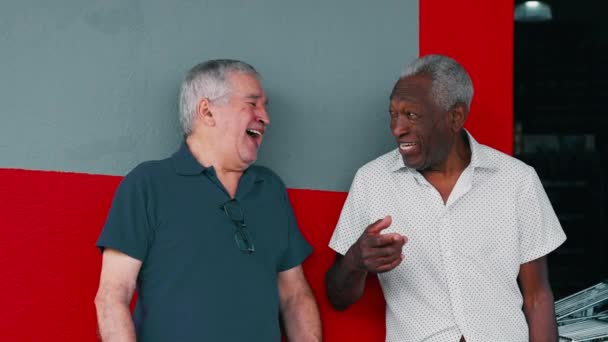 Radosna Interakcja Dwóch Różnych Męskich Starszych Przyjaciół Uśmiechniętych Śmiejących Się — Wideo stockowe