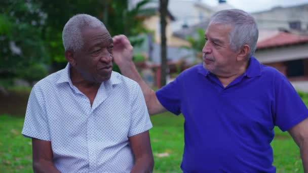 Due Anziani Diversi Amici Scambiano Abbracci Ambiente Urbano Maschio Afroamericano — Video Stock