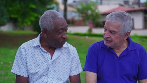 两个年长的朋友在城市里互相拥抱 非洲裔美国男性拥抱他的高加索朋友 描绘了街头友谊和友情的场景 — 图库视频影像