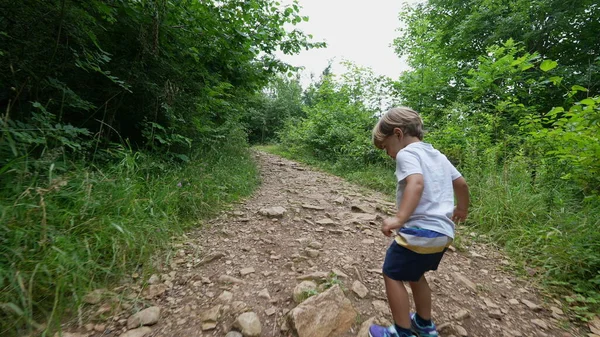 Niño Caminando Aire Libre Niño Pequeño Subiendo Colina Pisando Rocas —  Fotos de Stock