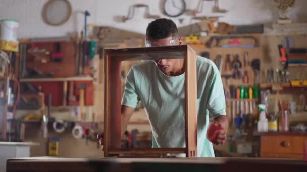 Engaged Craft Scene Young Black Brazilian Carpenter Building Furniture Workshop — Stock Video