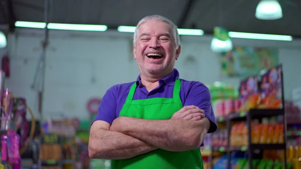 Joyful Supermarket Manager Arms Crossed Smiling Expression Older Small Business — Stock Photo, Image