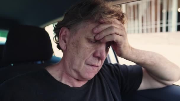 Overwhelmed Older Caucasian Man Quiet Despair Vehicle Struggling Solitude Depression — Stock Video