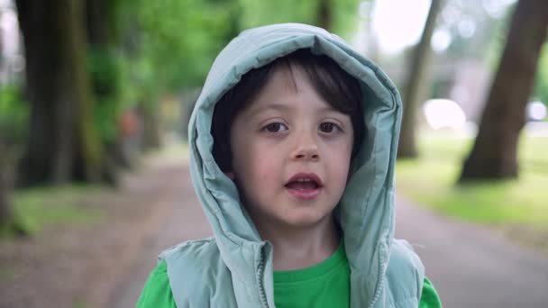 ハッピーなハンサムな男の子の肖像画は フーディーを着用しながら外に立っています 公園で子供のクローズアップ顔 — ストック動画