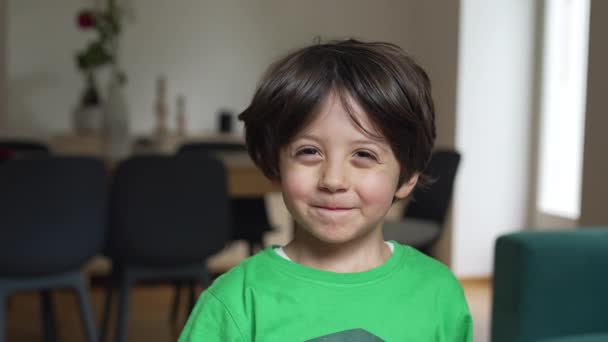 家で屋内に立っているカメラで笑顔の小さな少年 ハンサムな子供の肖像画 フレンドリーな感情を持つクローズアップフェイス — ストック動画