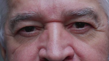 Yaşlılık ve deneyim gösteren, ciddi bir sert ifadeyle kameraya bakan, kırışıklıkları olan yaşlı bir adamın yoğun makro yakın çekimi.