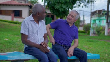 Parktaki bankta yaşlı bir arkadaşla konuşurken üst düzey bir adam cep telefonunu çekiyor. Mutlu arkadaşlık ilişkileri, Brezilyalı yaşlılarla ilişkiler, telefonları kontrol etme.