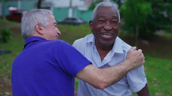 Two diverse Brazilian senior Friends Share Warm Embrace in Park. Old Age Friendship of elderly people Hugging, Displaying Camaraderie