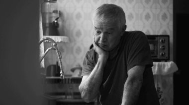 Evde depresyondan muzdarip yaşlı bir adam mutfaktan sarkan dramatik siyah beyaz, monokromatik insan sahnesine doğru eğiliyor. Zorluklarla boğuşuyor.