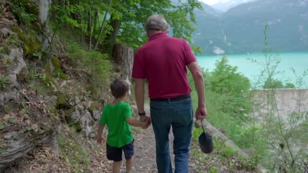 孙子和爷爷手牵手走在远足的小径上 世世代代的孩子和爷爷团聚在一起的时刻 — 图库视频影像