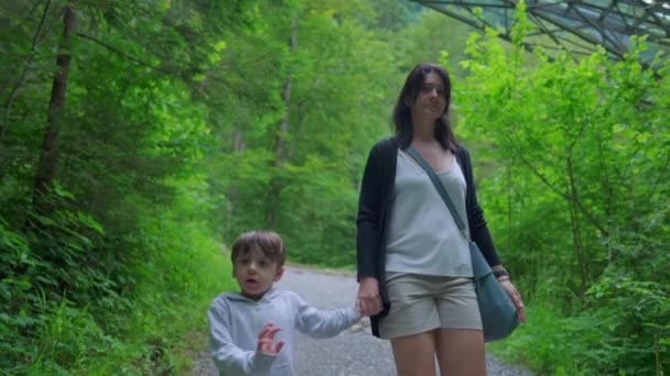 Mutter Und Sohn Gemeinsam Auf Waldpfad Familienwanderabenteuer Wochenende Vorwärtsgehen — Stockvideo