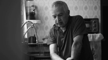 Evde depresyondan muzdarip yaşlı bir adam mutfaktan sarkan dramatik siyah beyaz, monokromatik insan sahnesine doğru eğiliyor. Zorluklarla boğuşuyor.